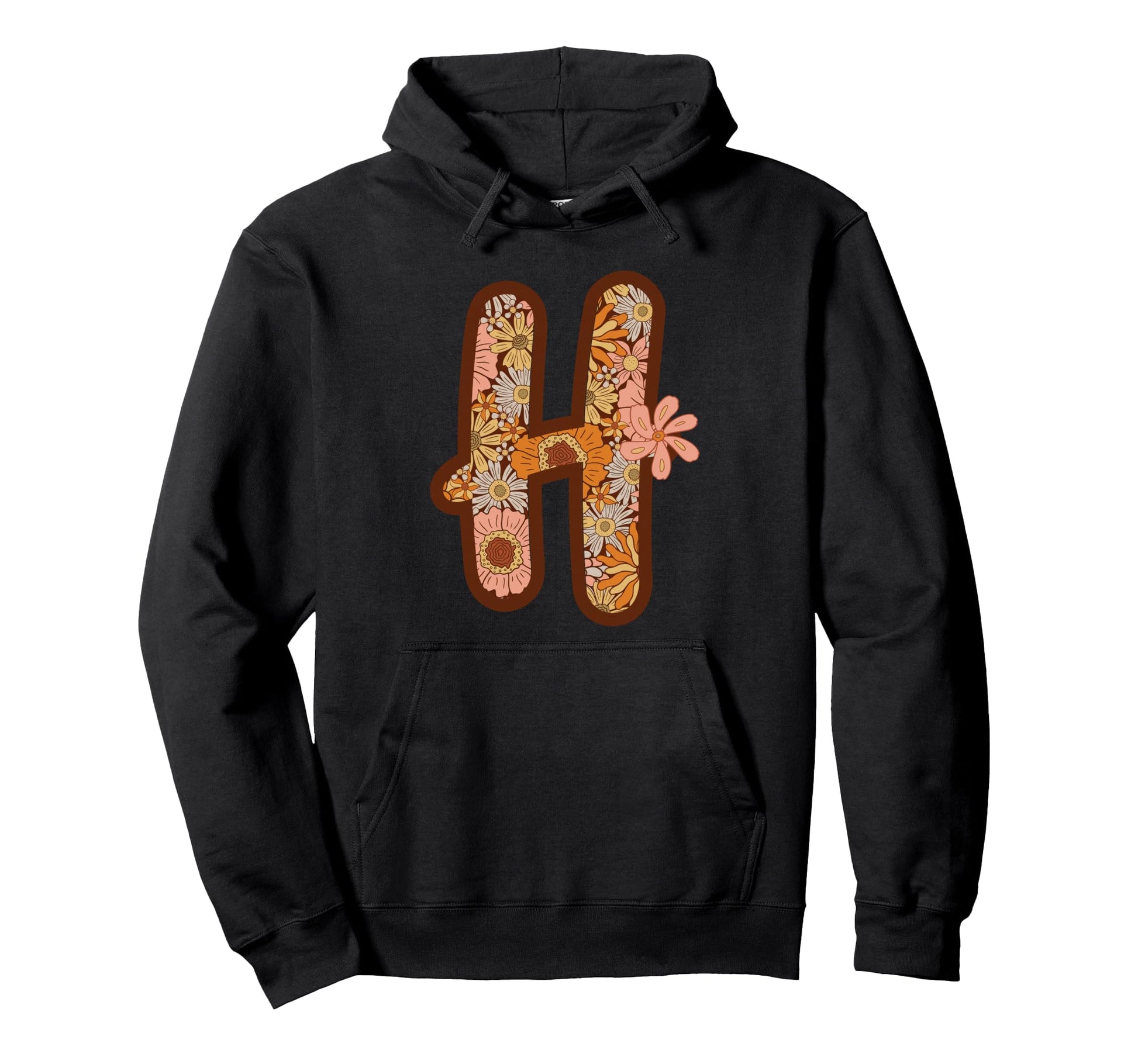 Letter H Initial Floral Monogram Boho Hoodie - Trendy Graphic for Adults - T-Shirt, Sweatshirt, Hoodie