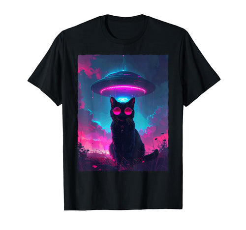 Synthwave Black Cat Ufo Alien T-Shirt - Novelty Apparel for Adults - T-Shirt, Sweatshirt, Hoodie