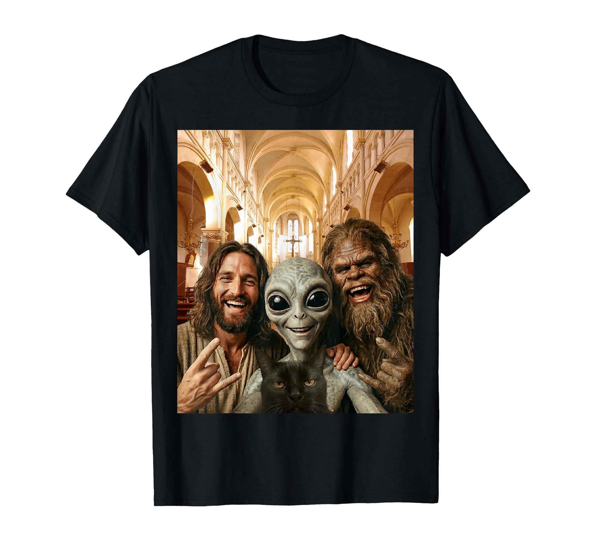 Funny Bigfoot Alien Jesus Rock Hand Sign T-Shirt - Novelty Apparel Unisex - T-Shirt, Sweatshirt, Hoodie