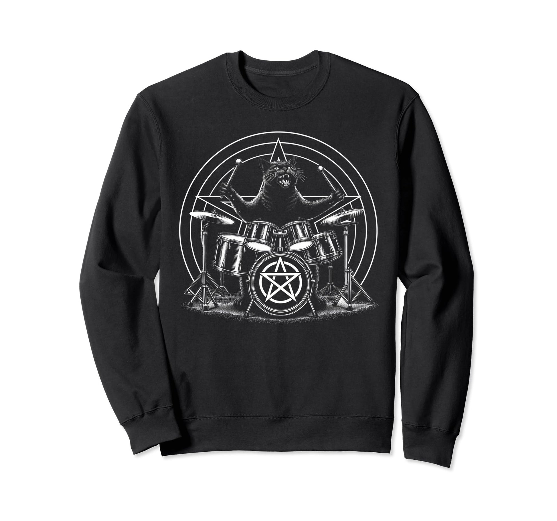 Death Metal Satanic Cat Playing Drums Sweatshirt - Graphic Print Men Women - T-Shirt, Sweatshirt, Hoodie