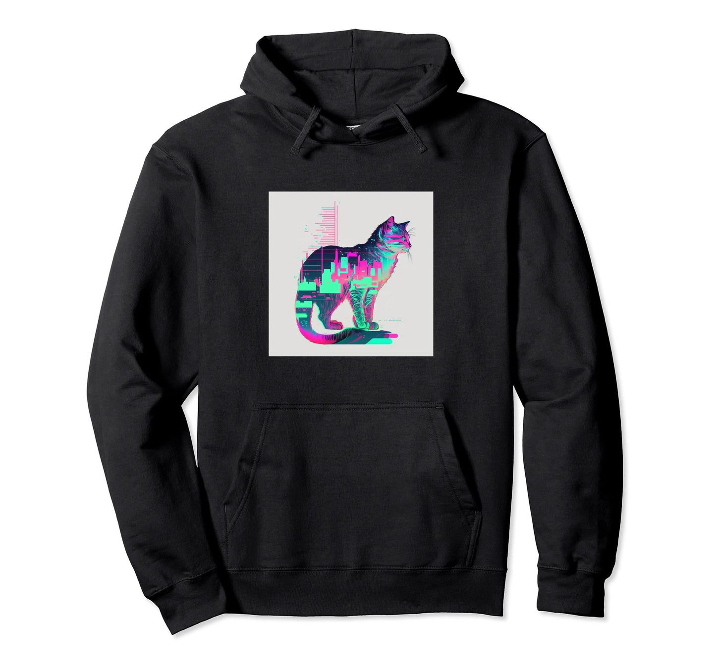 Vaperwave Aesthetic Glitch Cat Retrowave Hoodie - Unique Graphic Men Women - T-Shirt, Sweatshirt, Hoodie
