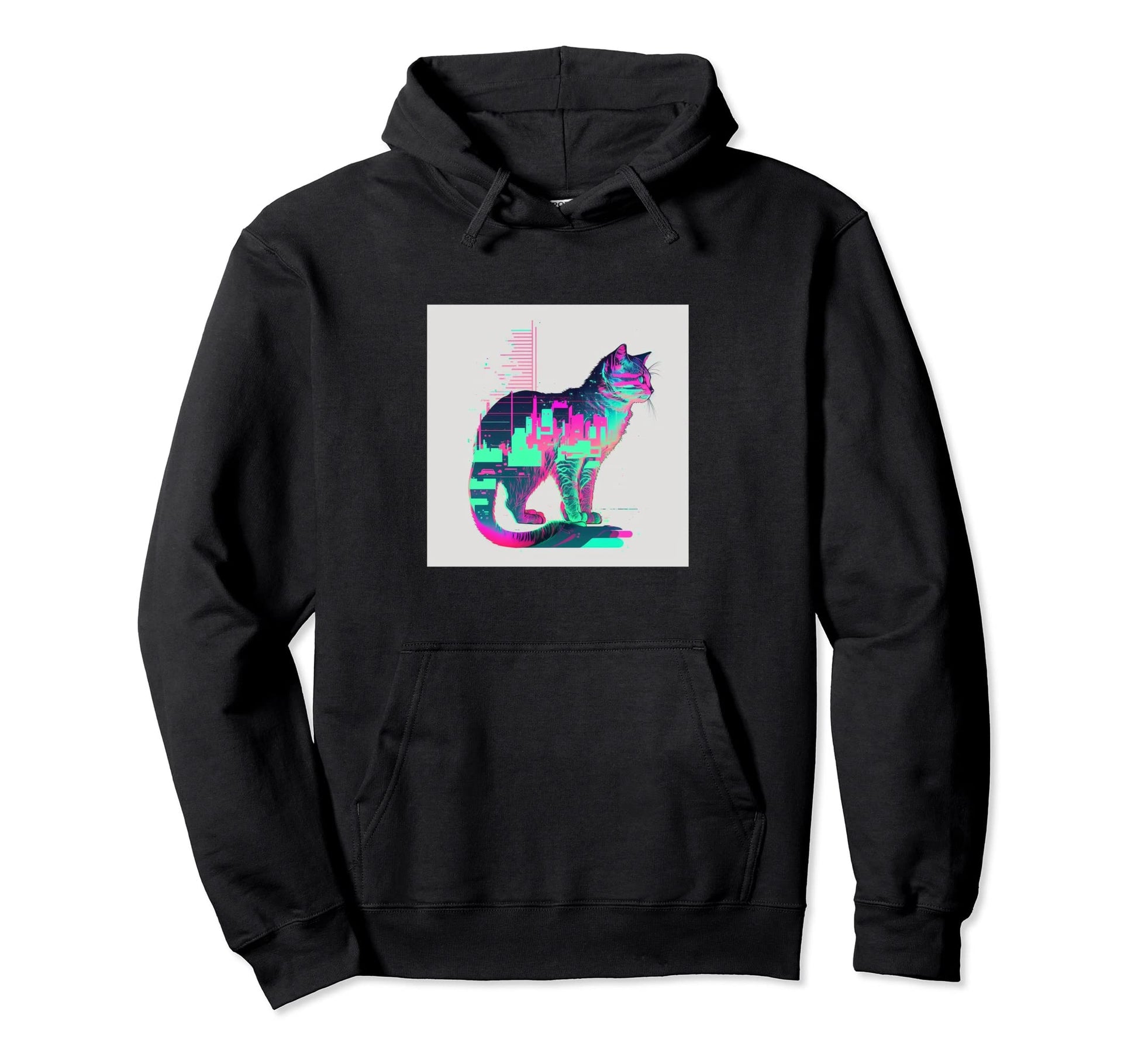 Vaperwave Aesthetic Glitch Cat Retrowave Hoodie - Unique Graphic Men Women - T-Shirt, Sweatshirt, Hoodie