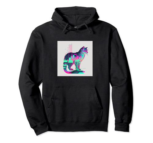 Vaperwave Aesthetic Glitch Cat Retrowave Hoodie - Unique Graphic Men Women - T-Shirt, Sweatshirt, Hoodie