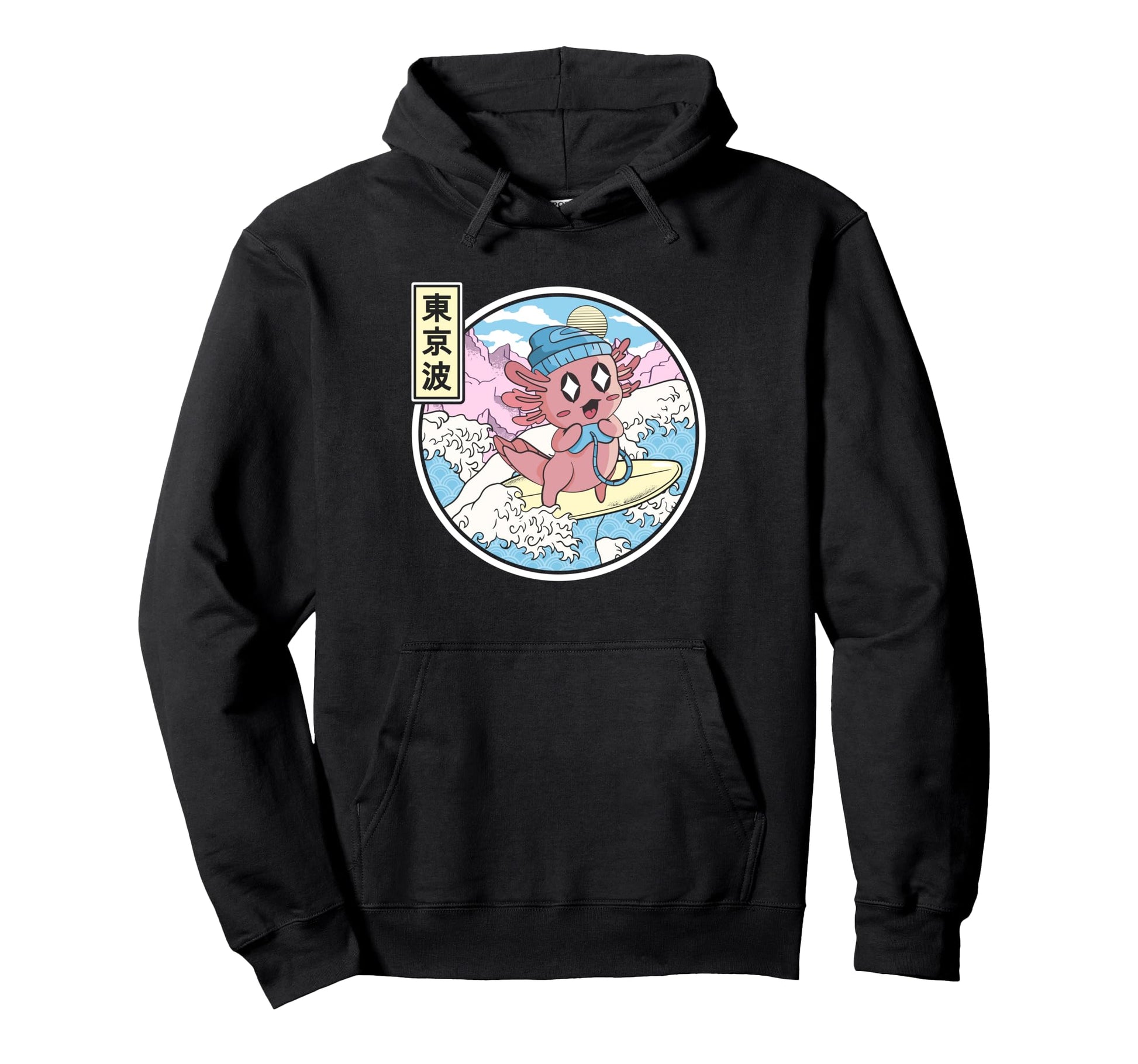 Gaming Axolotl Surfing Japanese Wave Hoodie - Graphic Print for Adults - T-Shirt, Sweatshirt, Hoodie