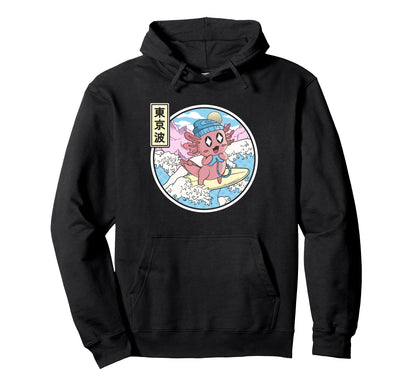 Gaming Axolotl Surfing Japanese Wave Hoodie - Graphic Print for Adults - T-Shirt, Sweatshirt, Hoodie