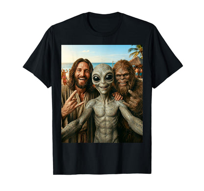 Funny Bigfoot Alien Jesus Rock Hand Sign T-Shirt - Graphic Print Unisex - T-Shirt, Sweatshirt, Hoodie