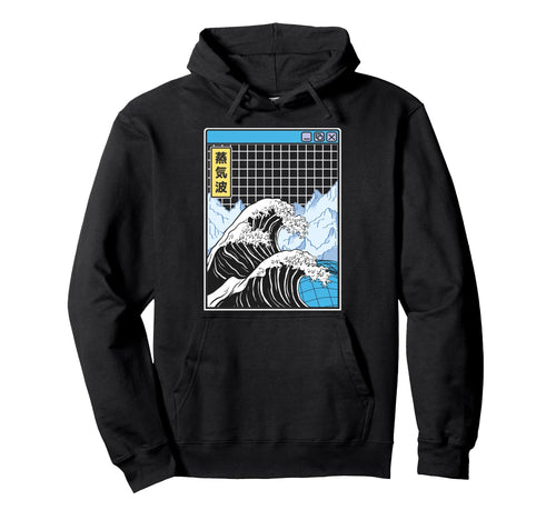 Kanagawa Wave Japan Digital Landscape Grid Hoodie - Unique Graphic Unisex - T-Shirt, Sweatshirt, Hoodie