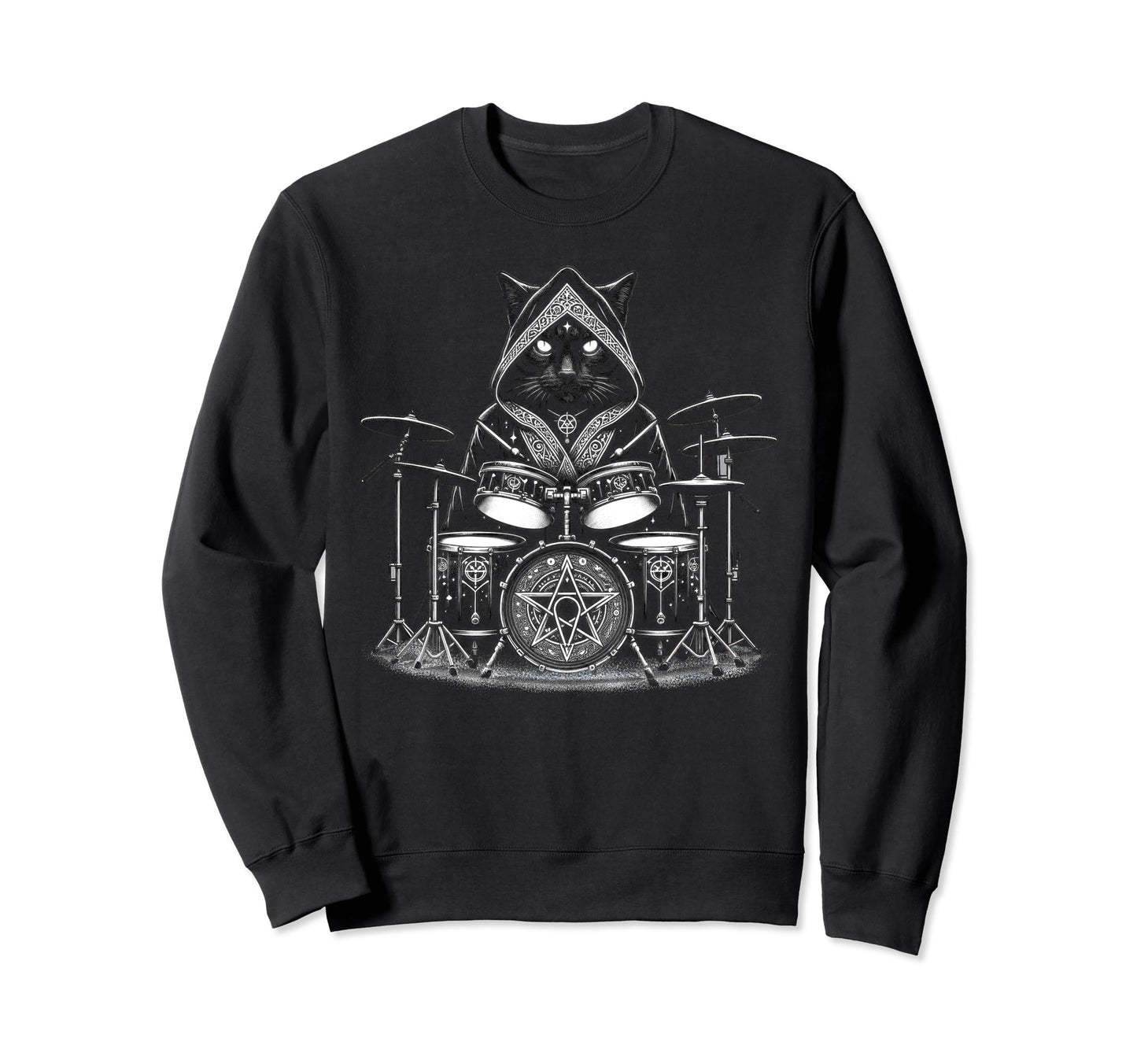 Death Metal Satanic Cat Playing Drums Sweatshirt - Streetwear Style Unisex - T-Shirt, Sweatshirt, Hoodie