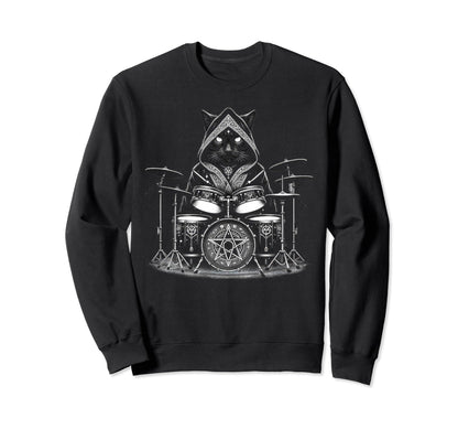 Death Metal Satanic Cat Playing Drums Sweatshirt - Streetwear Style Unisex - T-Shirt, Sweatshirt, Hoodie