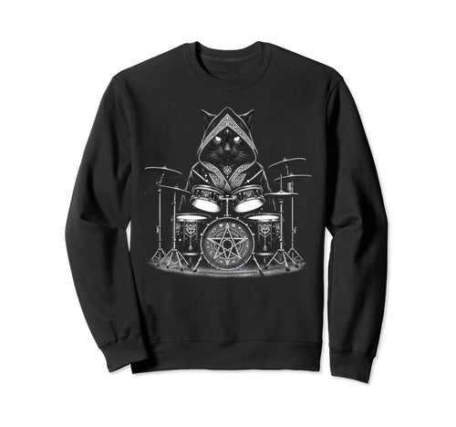 Death Metal Satanic Cat Playing Drums Sweatshirt - Streetwear Style Unisex - T-Shirt, Sweatshirt, Hoodie