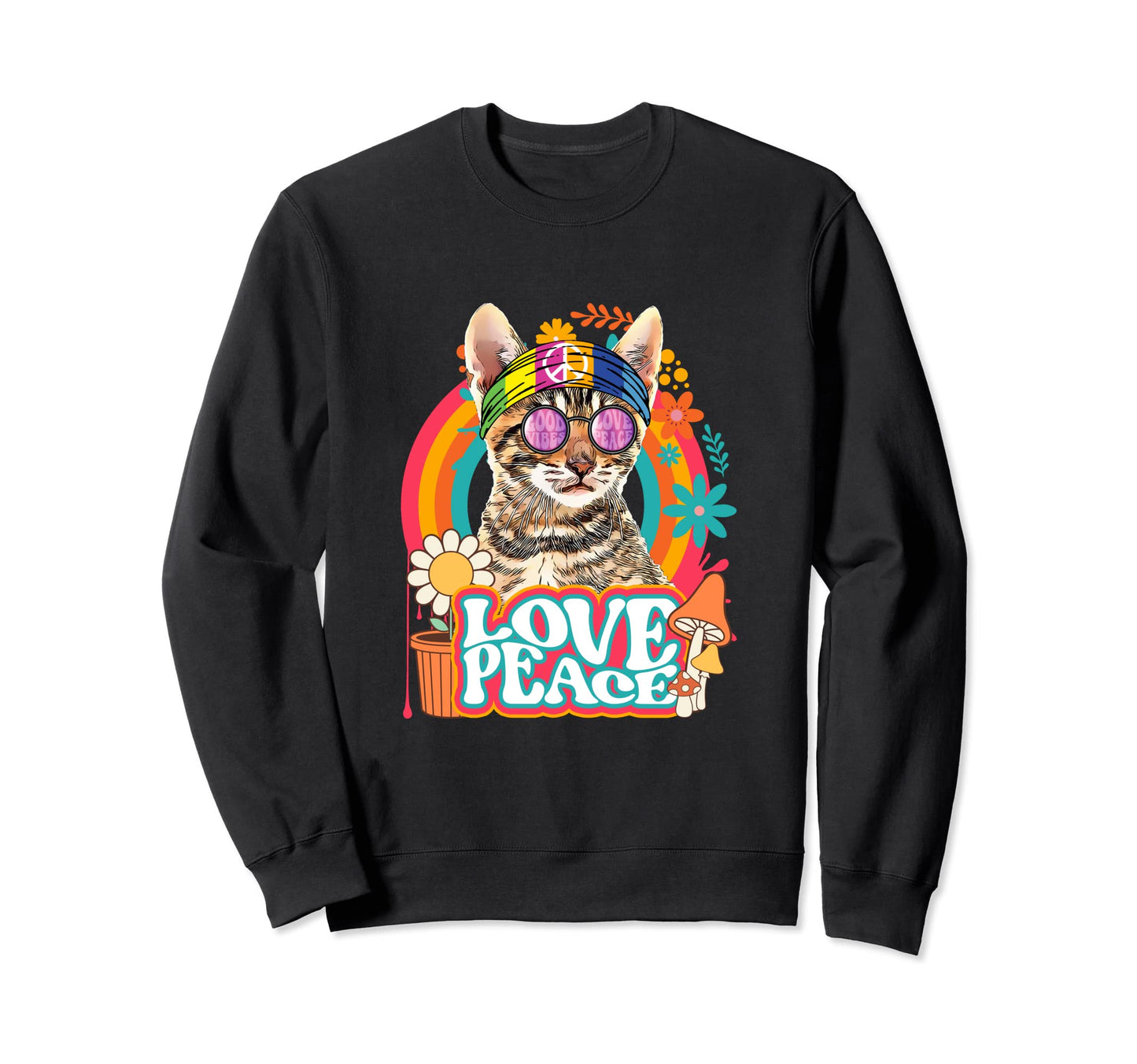 Hippie Cat Rainbow 60S 70S Sweatshirt - Casual Everyday Wear for Adults - T-Shirt, Sweatshirt, Hoodie