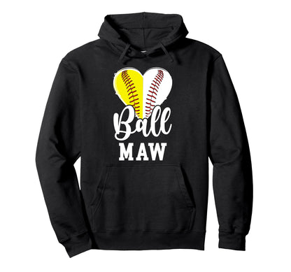 Ball Maw Heart Baseball Softball Hoodie - Casual Everyday Wear Men Women - T-Shirt, Sweatshirt, Hoodie