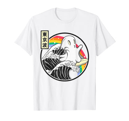 Ghost Surfing Great Wave Kawaii Rainbow T-Shirt - Novelty Apparel Unisex - T-Shirt, Sweatshirt, Hoodie