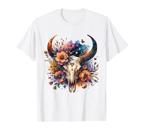Boho Cow Skull Flowers Art Wild West T-Shirt - Aesthetic Graphic Unisex - T-Shirt, Sweatshirt, Hoodie