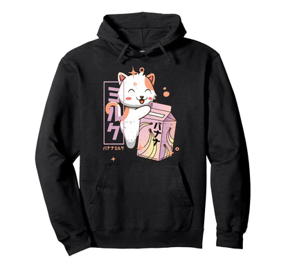 Kawaii Cat Banana Milk Shake Japanese Hoodie - Unique Graphic for Adults - T-Shirt, Sweatshirt, Hoodie