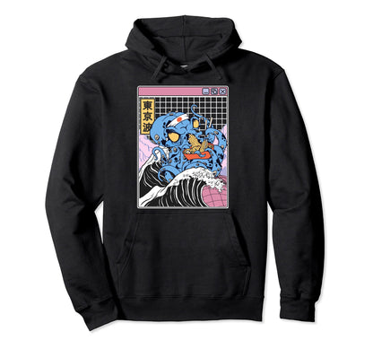Kanagawa Wave Octopus Anime Vaporwave Hoodie - Minimalist Print Men Women - T-Shirt, Sweatshirt, Hoodie