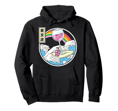 Surfing Wine Glass Japan Waves Hoodie - Casual Everyday Wear for Adults - T-Shirt, Sweatshirt, Hoodie