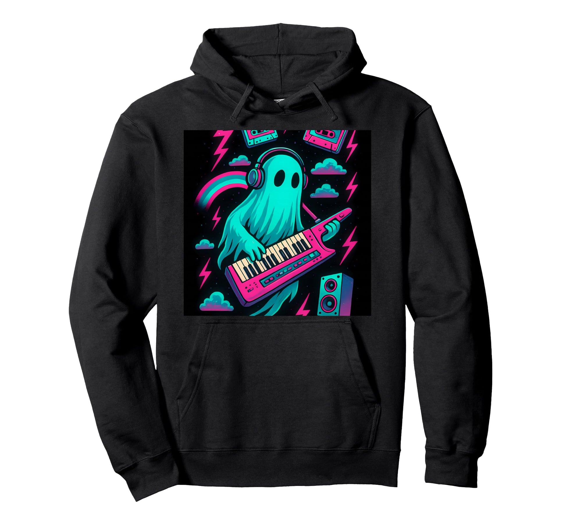 Synthwave Ghost Keytar Musician Hoodie - Custom Art Print Men Women - T-Shirt, Sweatshirt, Hoodie