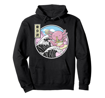 Axolotl Eating Ramen Kanagawa Wave Anime Hoodie - Graphic Print for Adults - T-Shirt, Sweatshirt, Hoodie