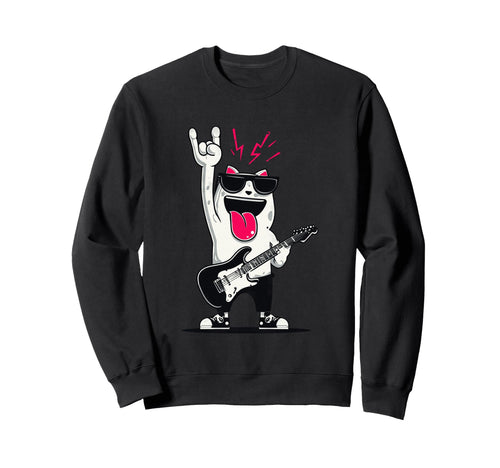 Rock Cat Guitarist Funny Animal Sweatshirt - Streetwear Style Unisex - T-Shirt, Sweatshirt, Hoodie