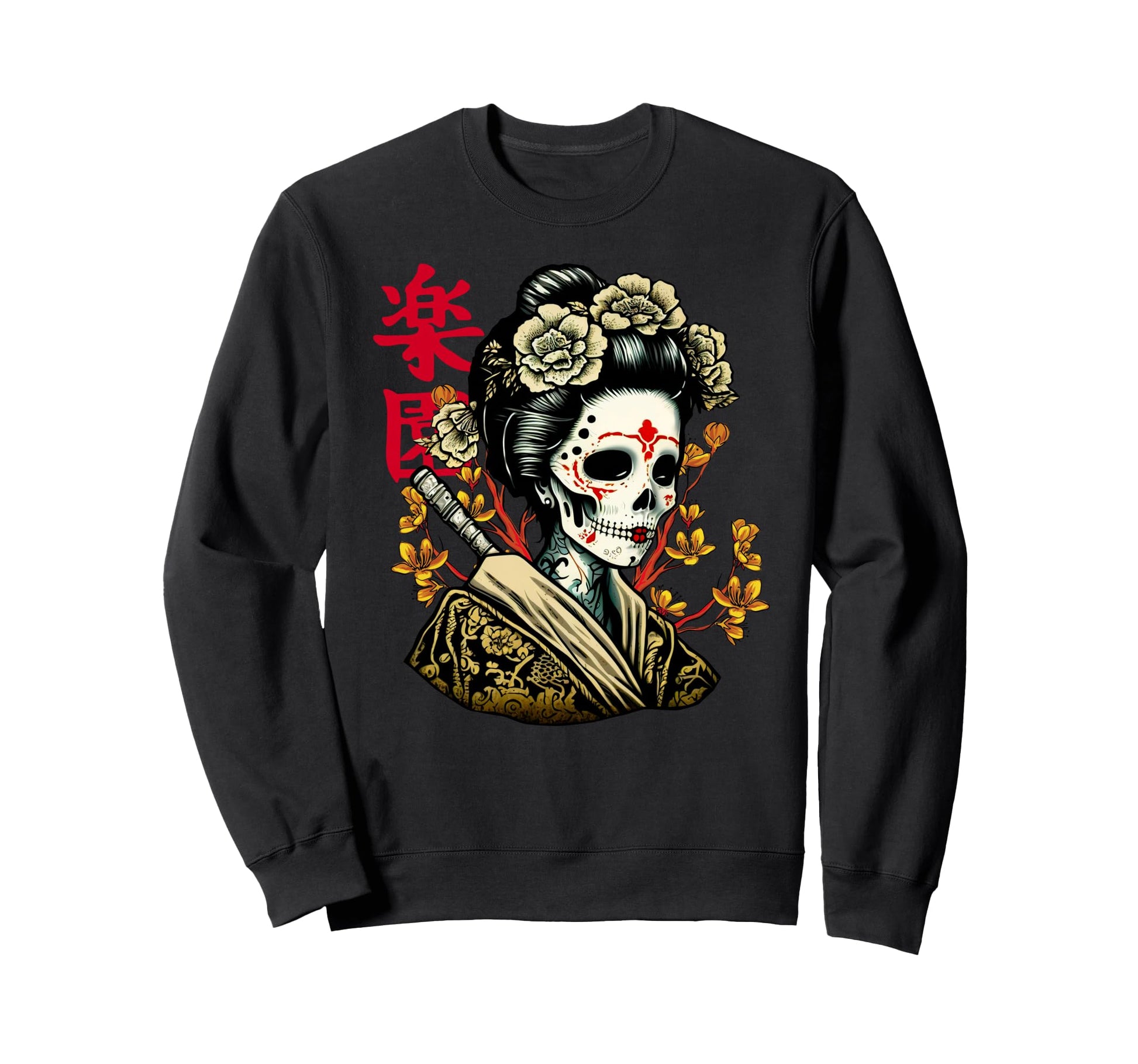 Japanese Geisha Skull Sakura Tree Sweatshirt - Unique Graphic Unisex - T-Shirt, Sweatshirt, Hoodie