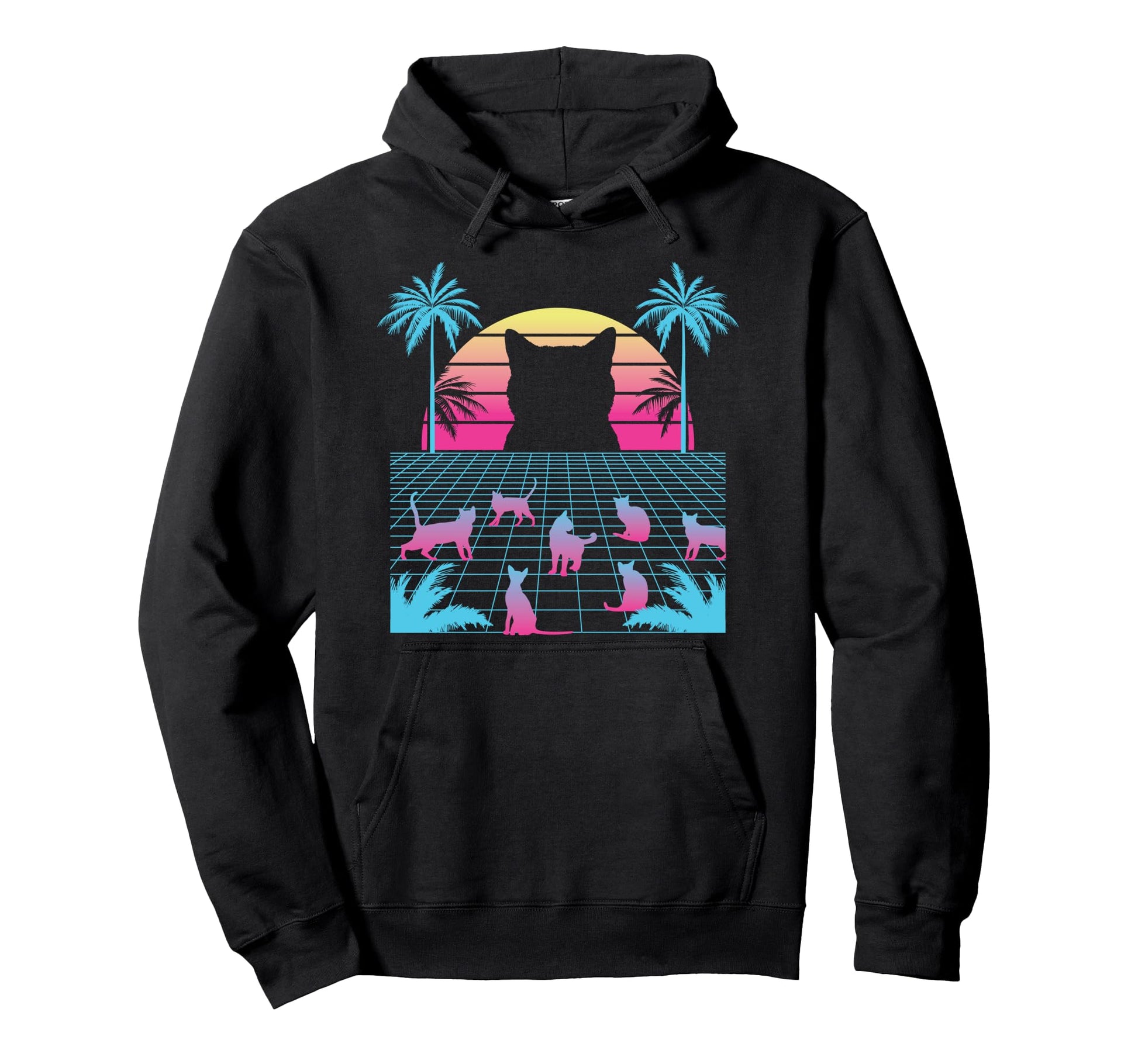 Vaporwave Cats Palm Trees Aesthetic Hoodie - Fun Novelty Design for Adults - T-Shirt, Sweatshirt, Hoodie