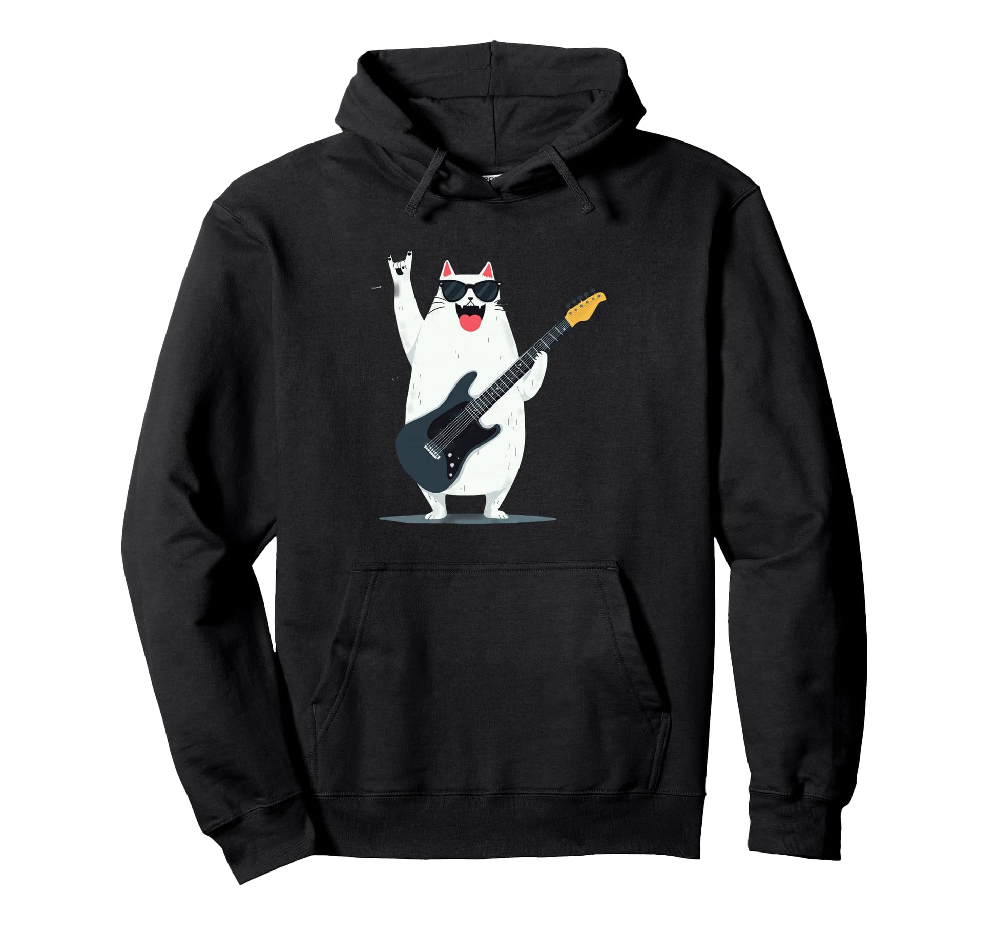 Cat Guitar Player Cartoon Rockstar Hoodie - Aesthetic Graphic Men Women - T-Shirt, Sweatshirt, Hoodie