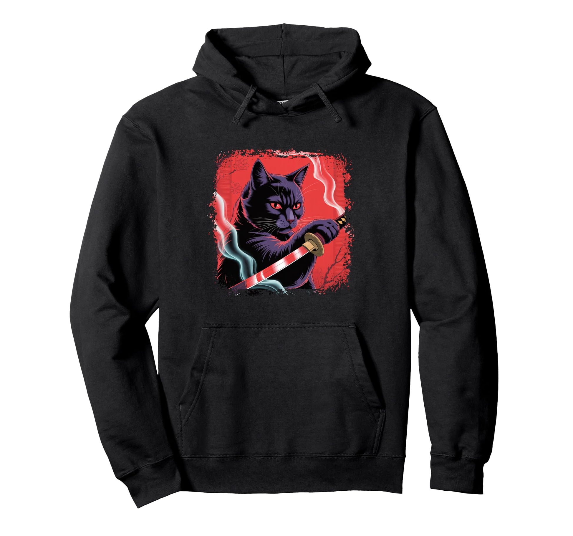 Bleached Japanese Art Samurai Cat Vibes Hoodie - Aesthetic Graphic Unisex - T-Shirt, Sweatshirt, Hoodie