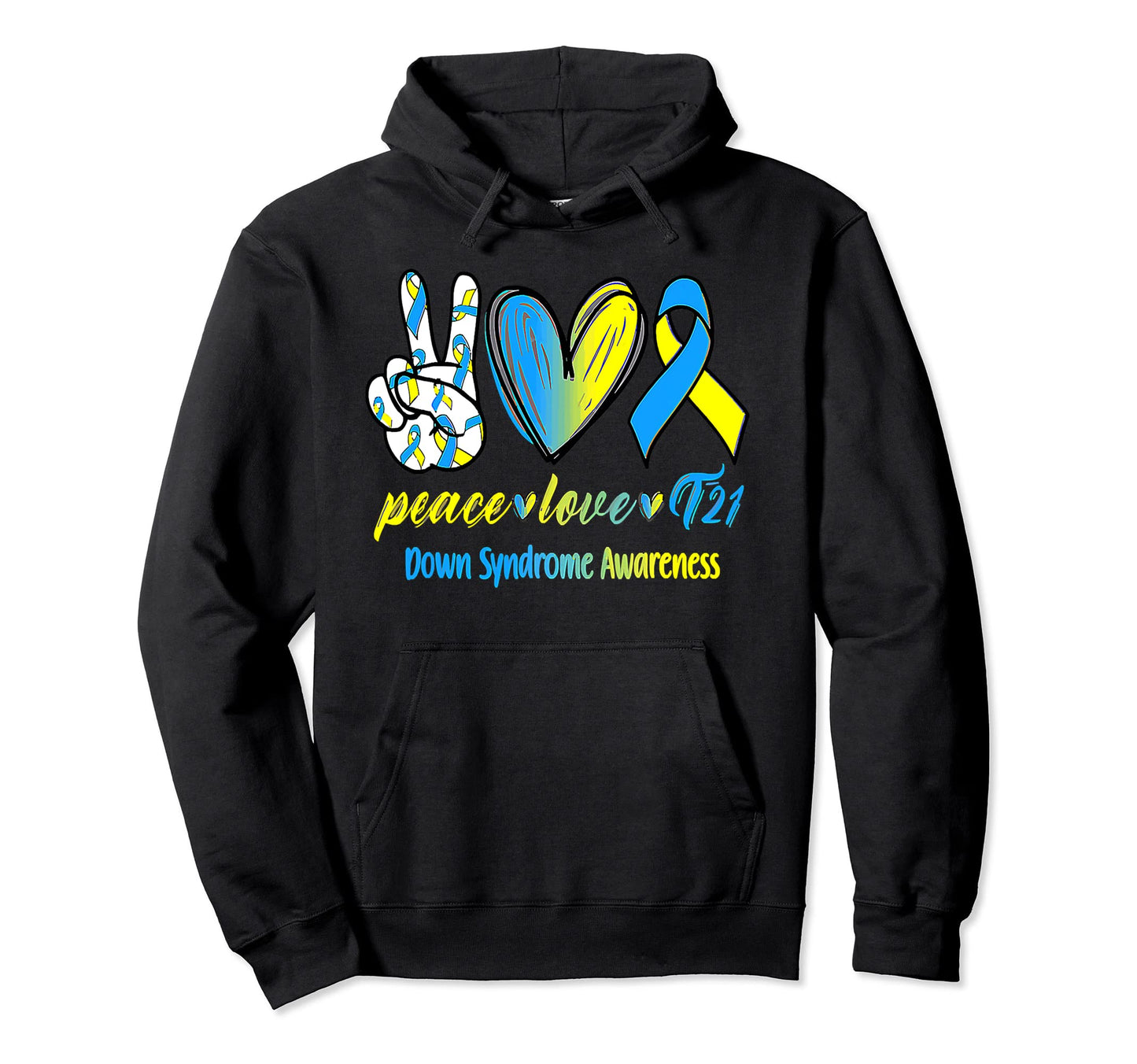 Peace Love T21 Blue Yellow Ribbon Down Hoodie - Minimalist Print Unisex - T-Shirt, Sweatshirt, Hoodie