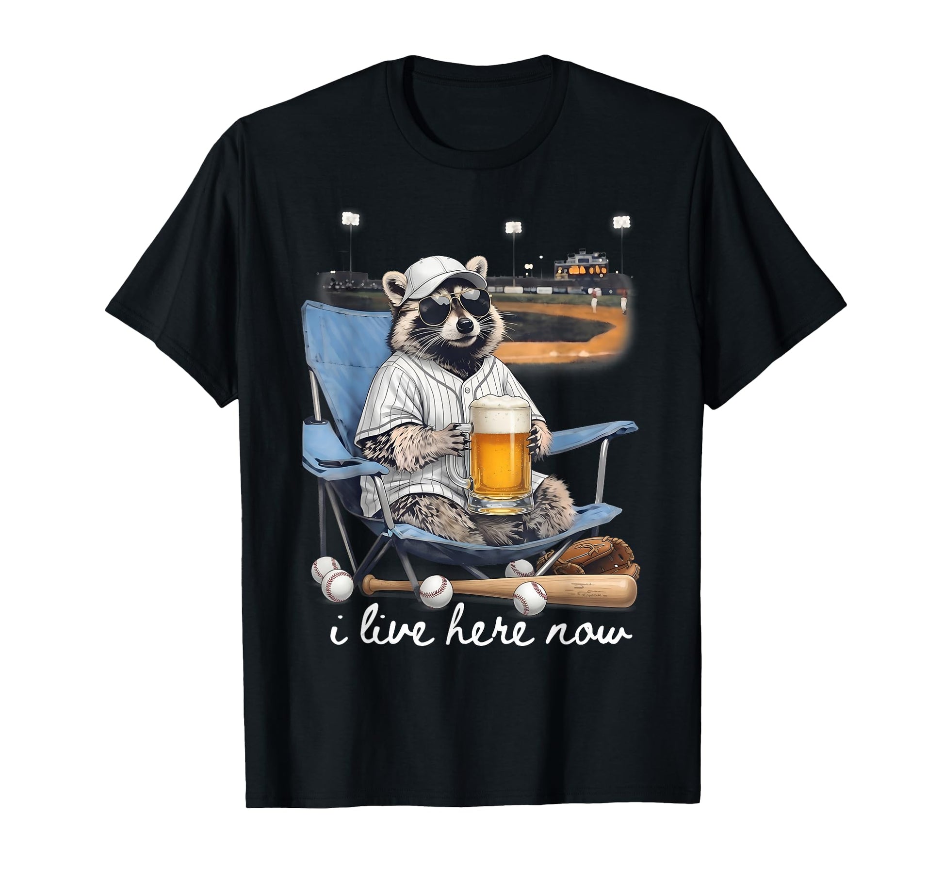I Live Here Now Baseball Raccoon T-Shirt - Unique Graphic for Adults - T-Shirt, Sweatshirt, Hoodie