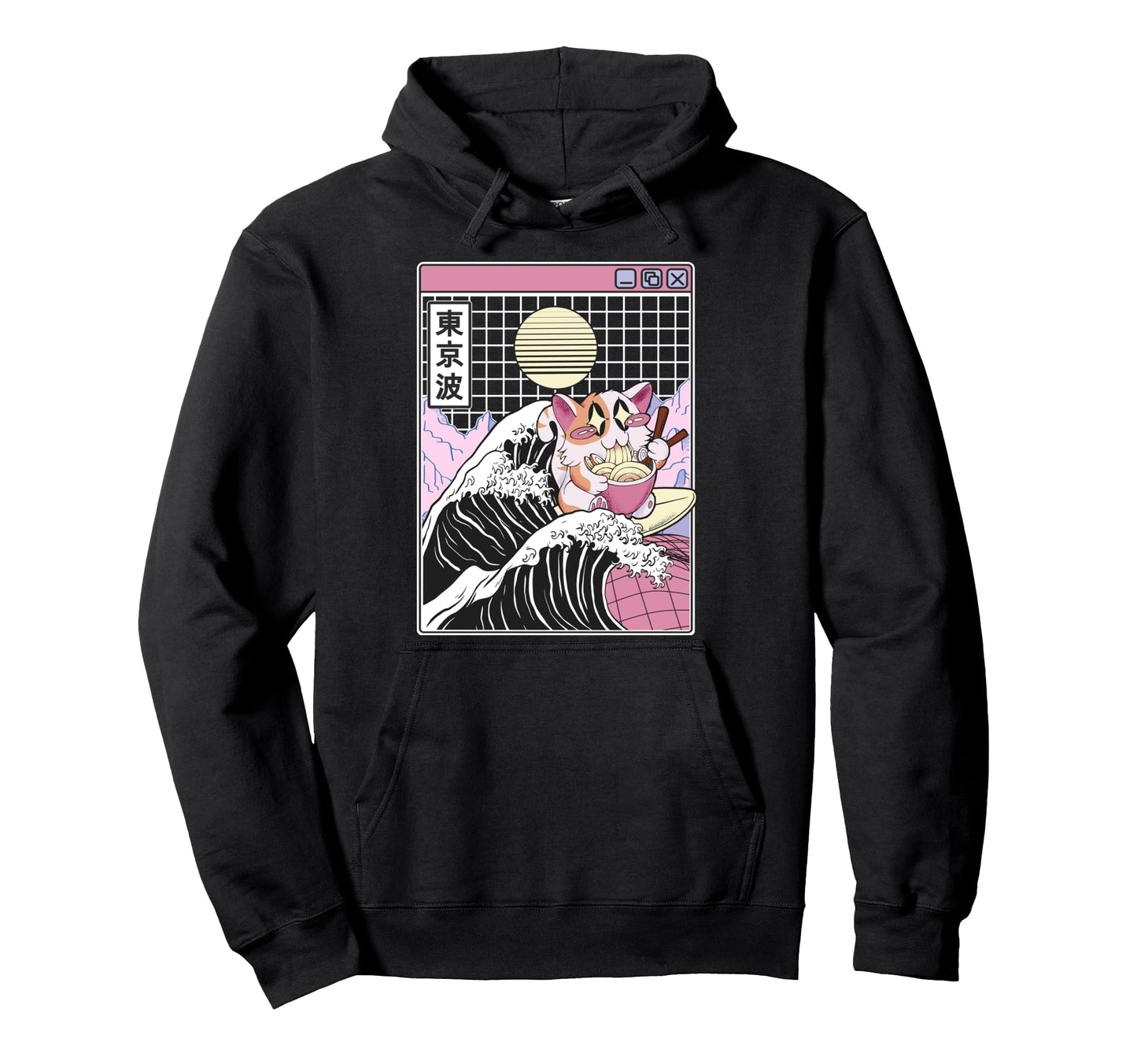 Happy Cat Eating Ramen Surfing Kanagawa Hoodie - Novelty Apparel Unisex - T-Shirt, Sweatshirt, Hoodie