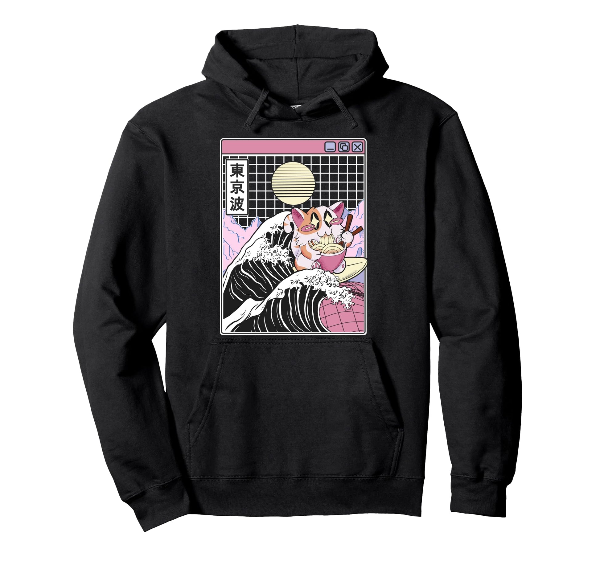 Happy Cat Eating Ramen Surfing Kanagawa Hoodie - Novelty Apparel Unisex - T-Shirt, Sweatshirt, Hoodie