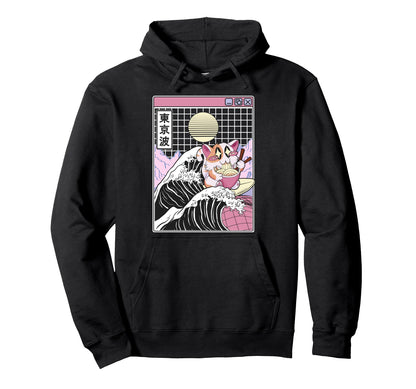 Happy Cat Eating Ramen Surfing Kanagawa Hoodie - Novelty Apparel Unisex - T-Shirt, Sweatshirt, Hoodie