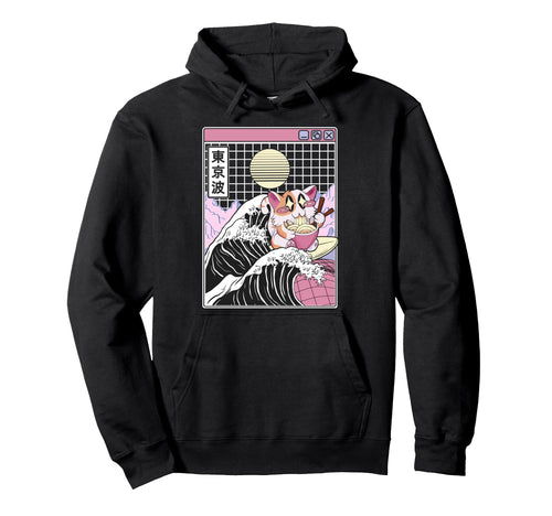 Happy Cat Eating Ramen Surfing Kanagawa Hoodie - Novelty Apparel Unisex - T-Shirt, Sweatshirt, Hoodie