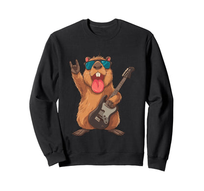 Rock Beaver Guitar Player Funny Sweatshirt - Unique Graphic Men Women - T-Shirt, Sweatshirt, Hoodie