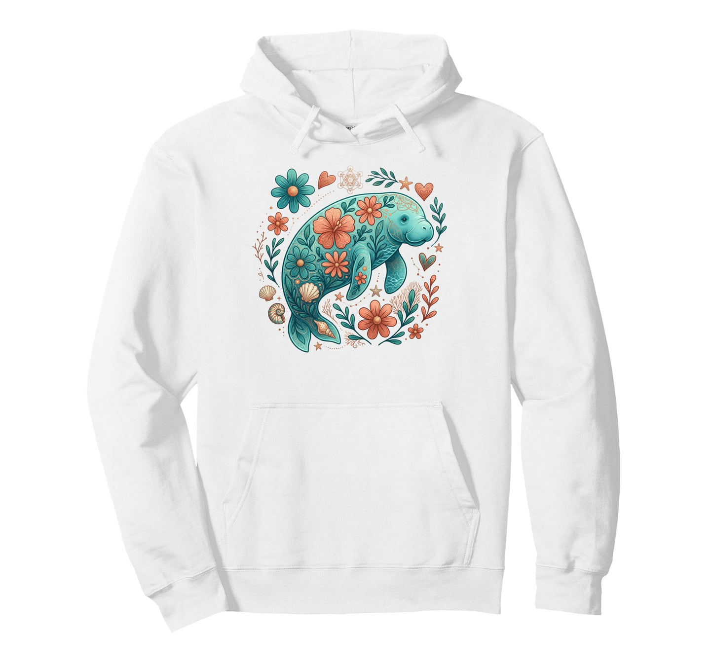 Floral Boho Manatee Summer Coastal Hoodie - Aesthetic Graphic for Adults - T-Shirt, Sweatshirt, Hoodie