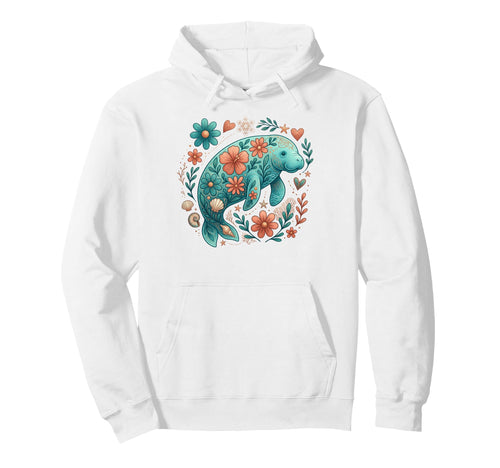 Floral Boho Manatee Summer Coastal Hoodie - Aesthetic Graphic for Adults - T-Shirt, Sweatshirt, Hoodie
