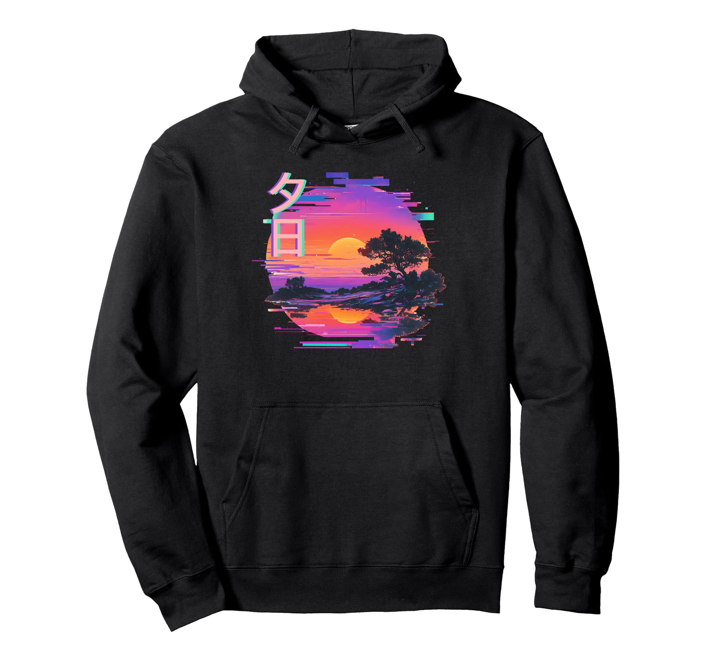 Vaporwave Sunset Japanese Kanji Hoodie - Fun Novelty Design for Adults - T-Shirt, Sweatshirt, Hoodie