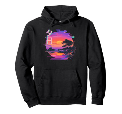 Vaporwave Sunset Japanese Kanji Hoodie - Fun Novelty Design for Adults - T-Shirt, Sweatshirt, Hoodie
