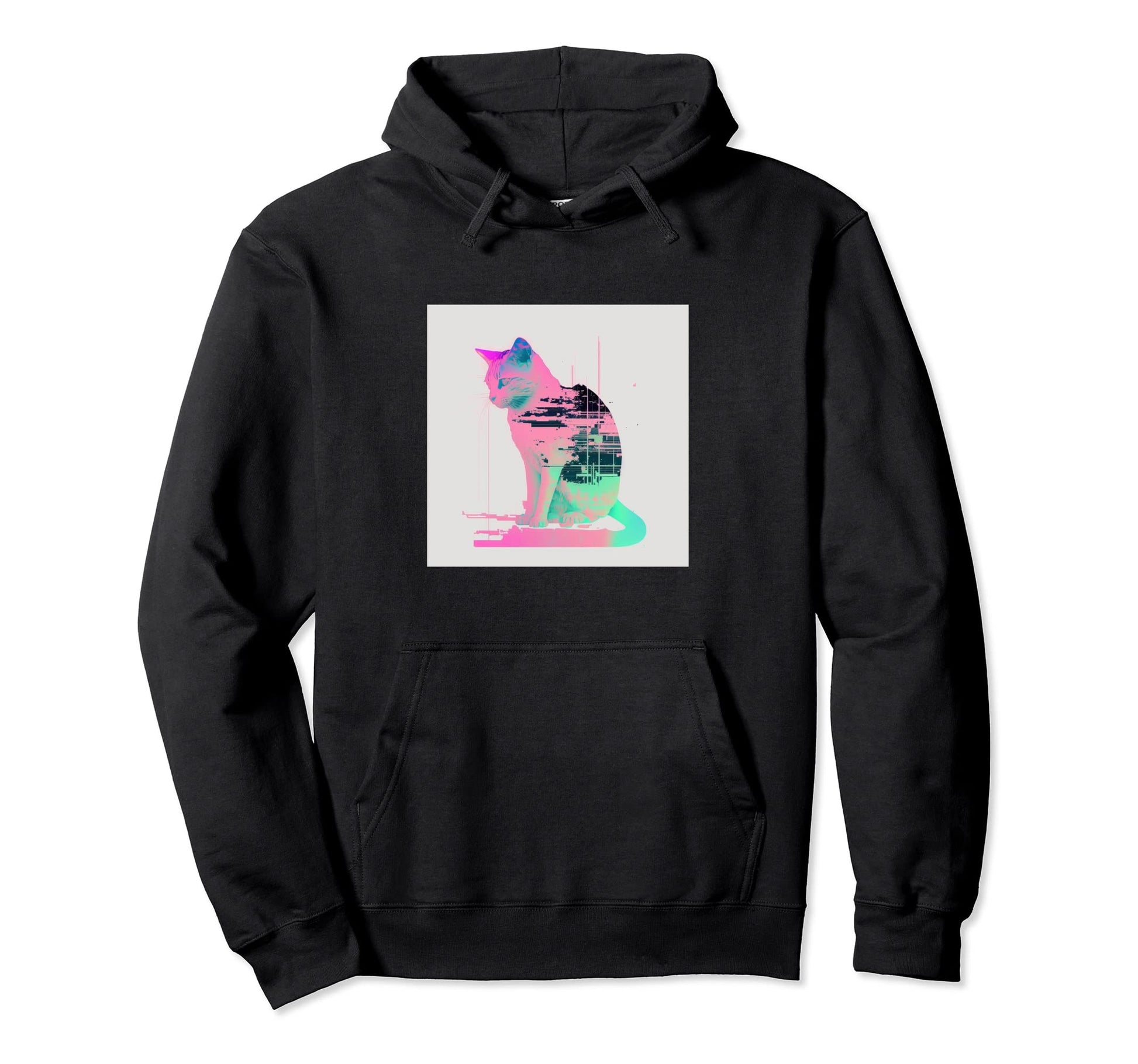 Vaperwave Aesthetic Glitch Cat Retrowave Hoodie - Novelty Apparel Unisex - T-Shirt, Sweatshirt, Hoodie