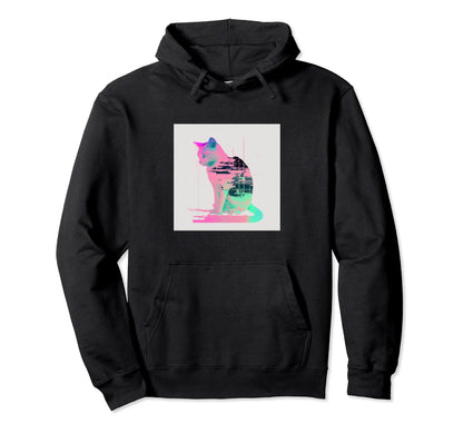 Vaperwave Aesthetic Glitch Cat Retrowave Hoodie - Novelty Apparel Unisex - T-Shirt, Sweatshirt, Hoodie