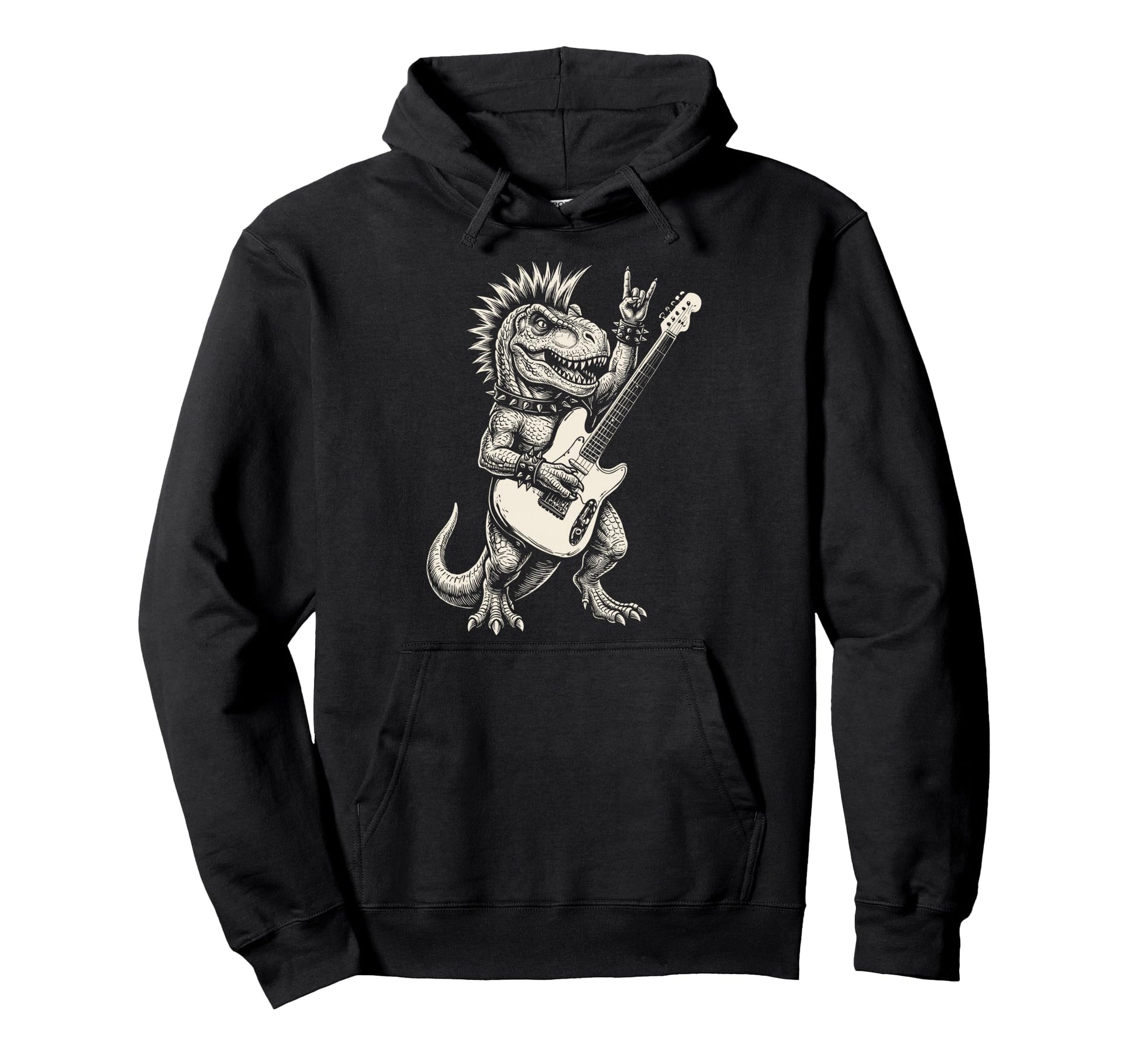 Funny T Rex Dino Playing Guitar Rock Hoodie - Fun Novelty Design Men Women - T-Shirt, Sweatshirt, Hoodie