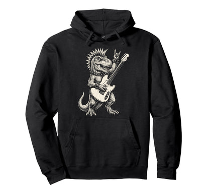 Funny T Rex Dino Playing Guitar Rock Hoodie - Fun Novelty Design Men Women - T-Shirt, Sweatshirt, Hoodie