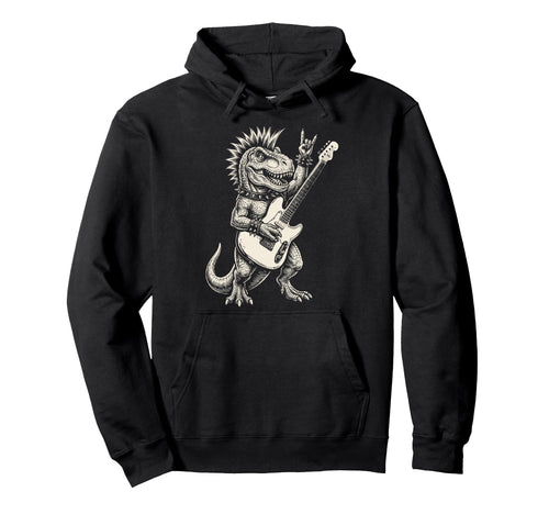 Funny T Rex Dino Playing Guitar Rock Hoodie - Fun Novelty Design Men Women - T-Shirt, Sweatshirt, Hoodie