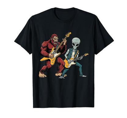 Funny Bigfoot And Alien Playing Guitar T-Shirt - Custom Art Print Unisex - T-Shirt, Sweatshirt, Hoodie