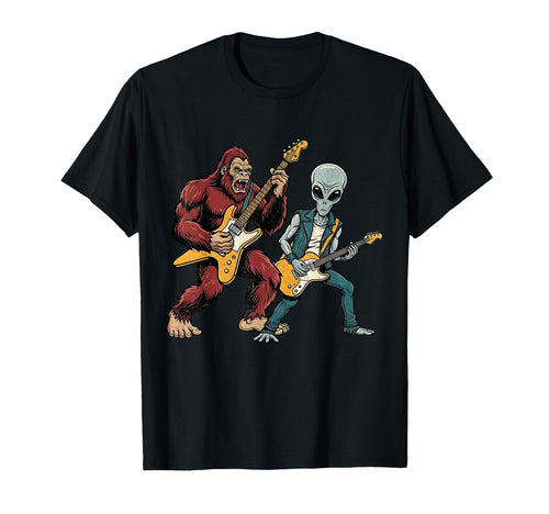 Funny Bigfoot And Alien Playing Guitar T-Shirt - Custom Art Print Unisex - T-Shirt, Sweatshirt, Hoodie