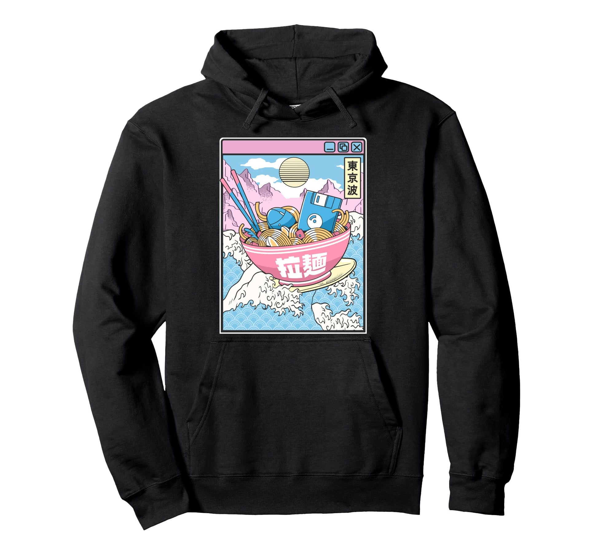Digital Ramen Bowl Surfing Japanese Waves Hoodie - Streetwear Style Unisex - T-Shirt, Sweatshirt, Hoodie