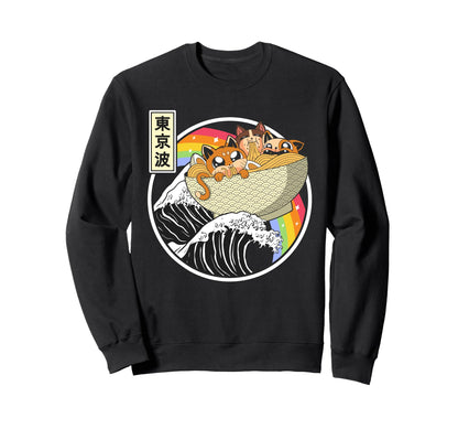 Cats Eating Ramen Kanagawa Wave Sweatshirt - Custom Art Print Unisex - T-Shirt, Sweatshirt, Hoodie
