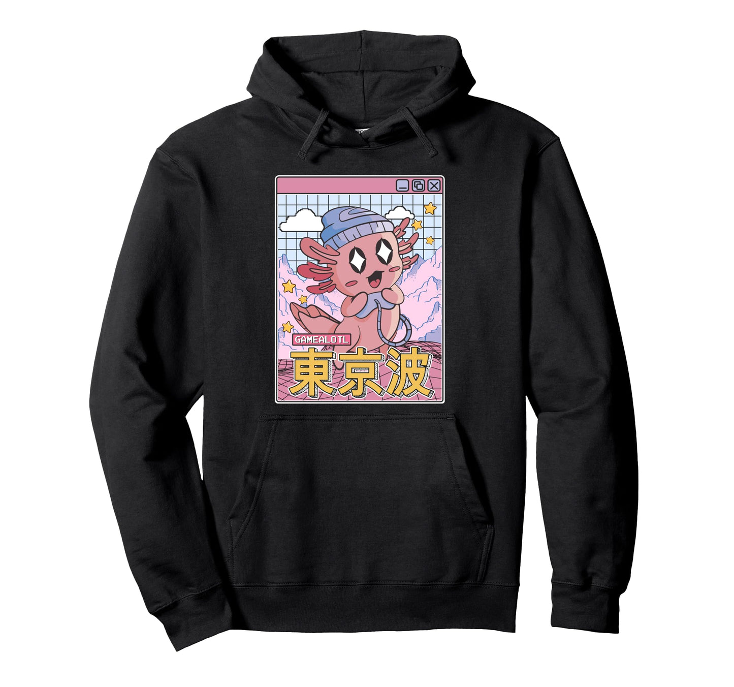 Happy Axolotl Gaming Vaporwave Aesthetic Hoodie - Custom Art Print Unisex - T-Shirt, Sweatshirt, Hoodie