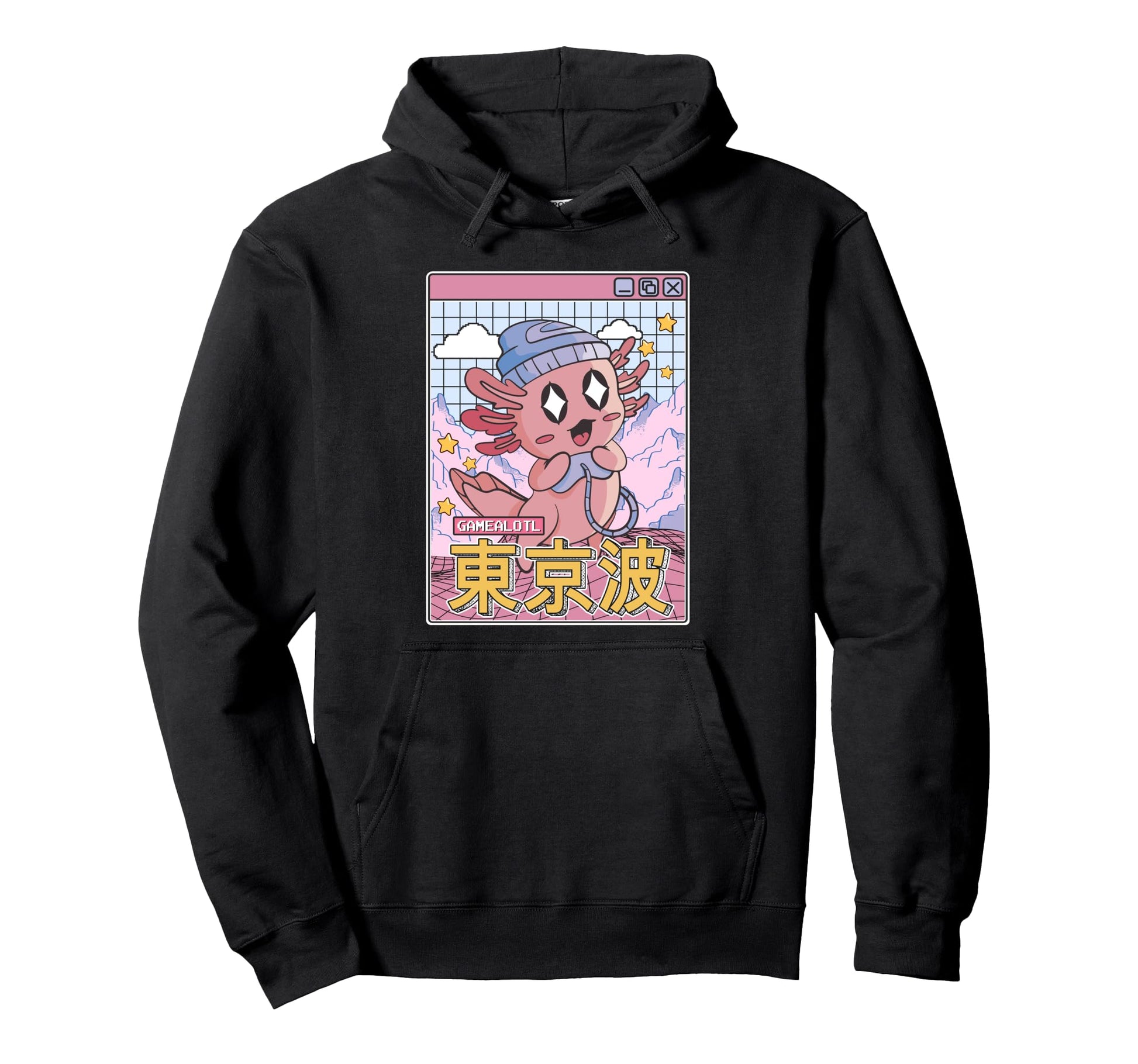 Happy Axolotl Gaming Vaporwave Aesthetic Hoodie - Custom Art Print Unisex - T-Shirt, Sweatshirt, Hoodie